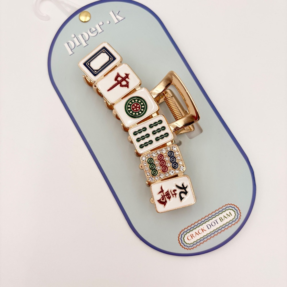 Piper K Crack Dot Bam Mahjong Tile Hair Claw Clip Gold Enamel Rhinestone Novelty